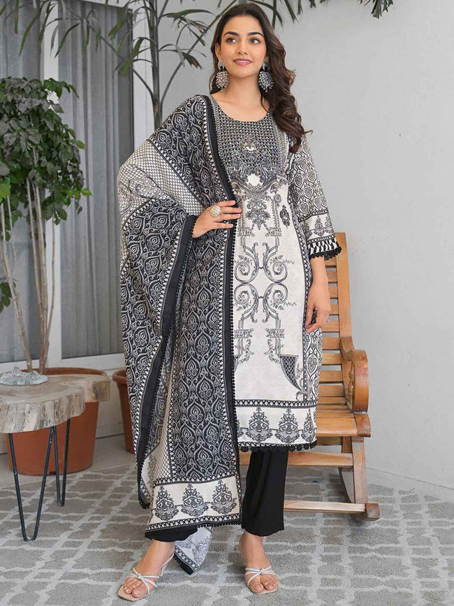 Black White Baroque Embroidery Kurta Set with Dupatta – The Layer Stories Hover Image