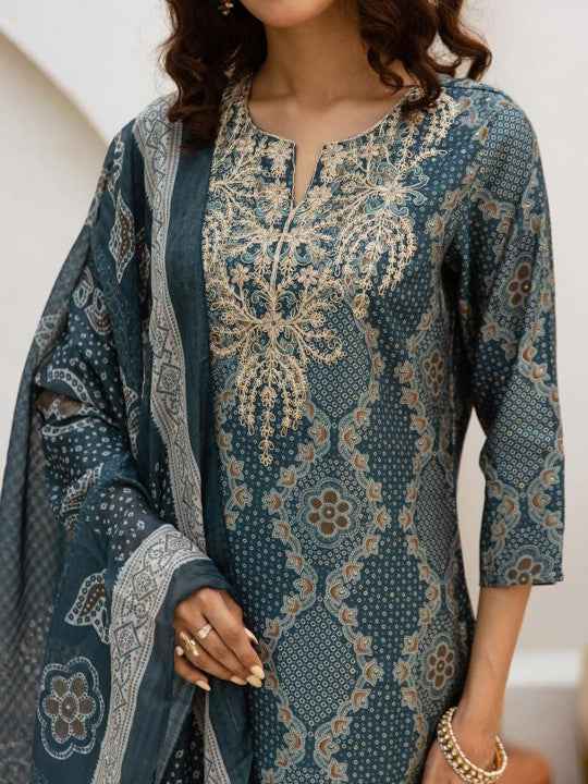 Navy blue & gold toned Floral Thread Work Kurta Set for Women - TLS Main Image