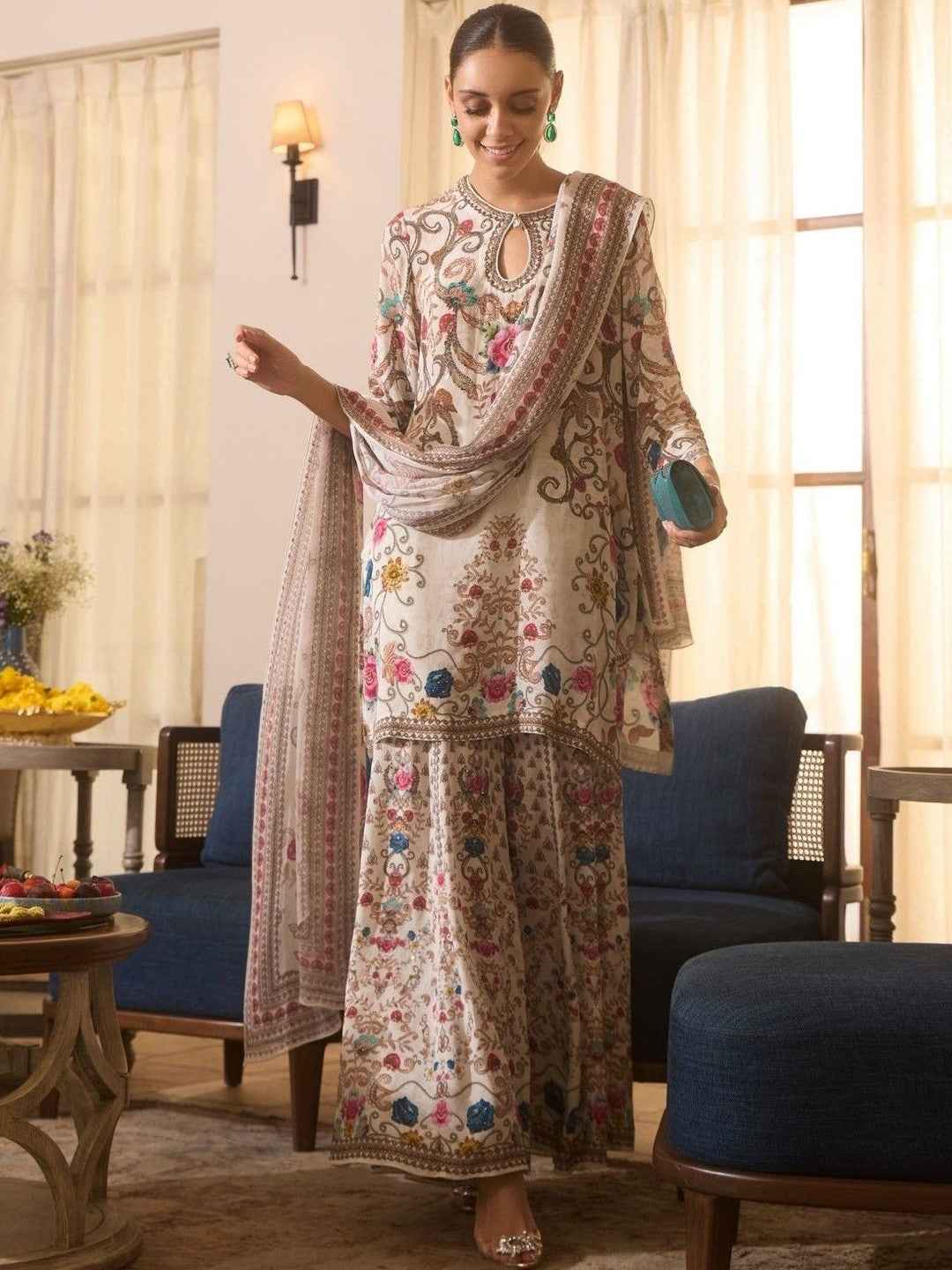 Ivory Floral Embroidered Festive Kurta Sharara Set – The Layer Stories
