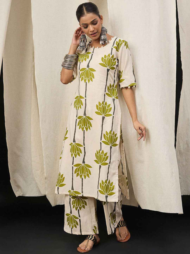 Ivory Green Lotus Printed Kurta Set – The Layer Stories Hover Image