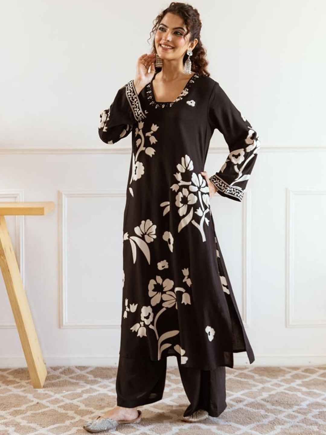 Black Floral Applique Festive Kurta Set – The Layer Stories