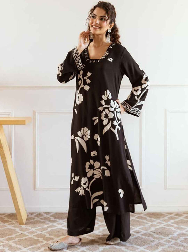 Black Floral Applique Festive Kurta Set – The Layer Stories Hover Image