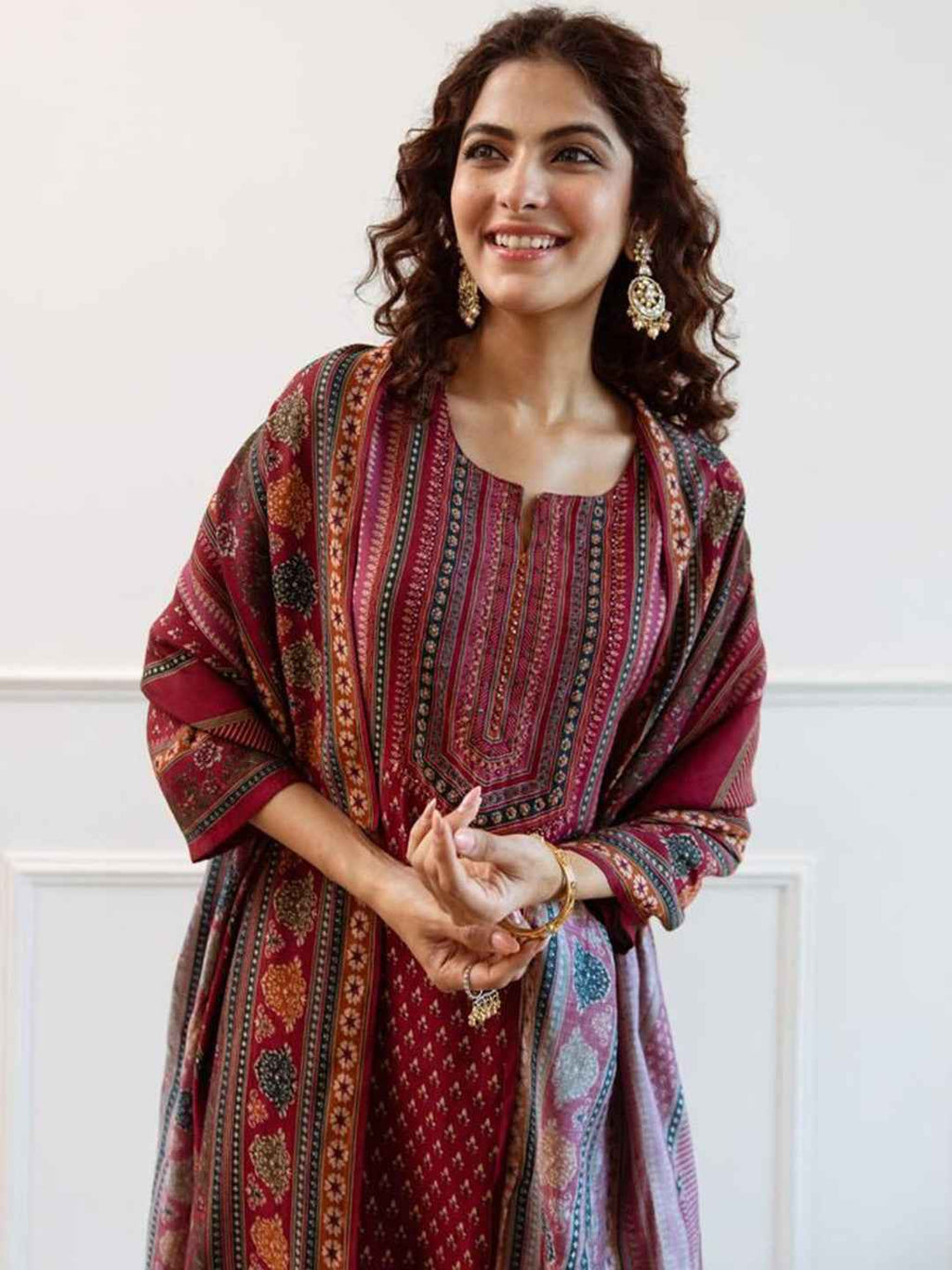 Maroon Printed Woolen Kurta Set with Dupatta – The Layer Stories