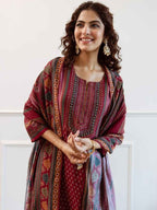 Maroon Printed Woolen Kurta Set with Dupatta – The Layer Stories