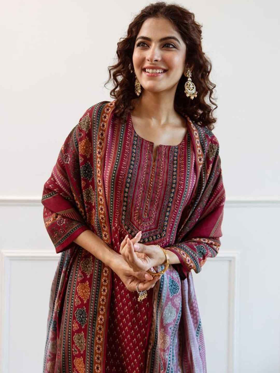 Maroon Printed Woolen Kurta Set with Dupatta – The Layer Stories