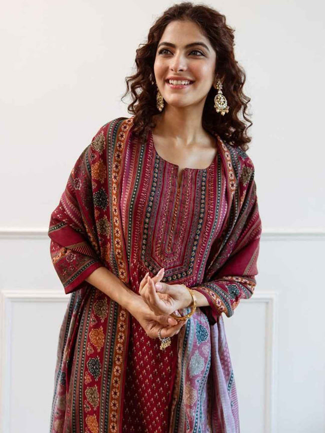 Maroon Printed Woolen Kurta Set with Dupatta – The Layer Stories Hover Image