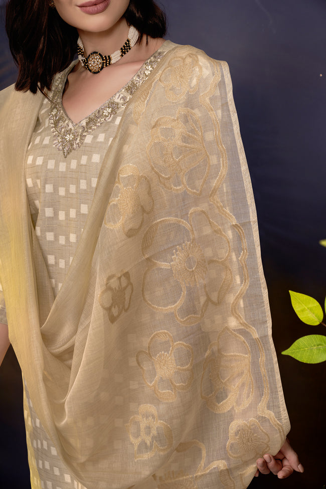 Beige Geometric Motifs Printed Kurta Set for Women - TLS Main Image