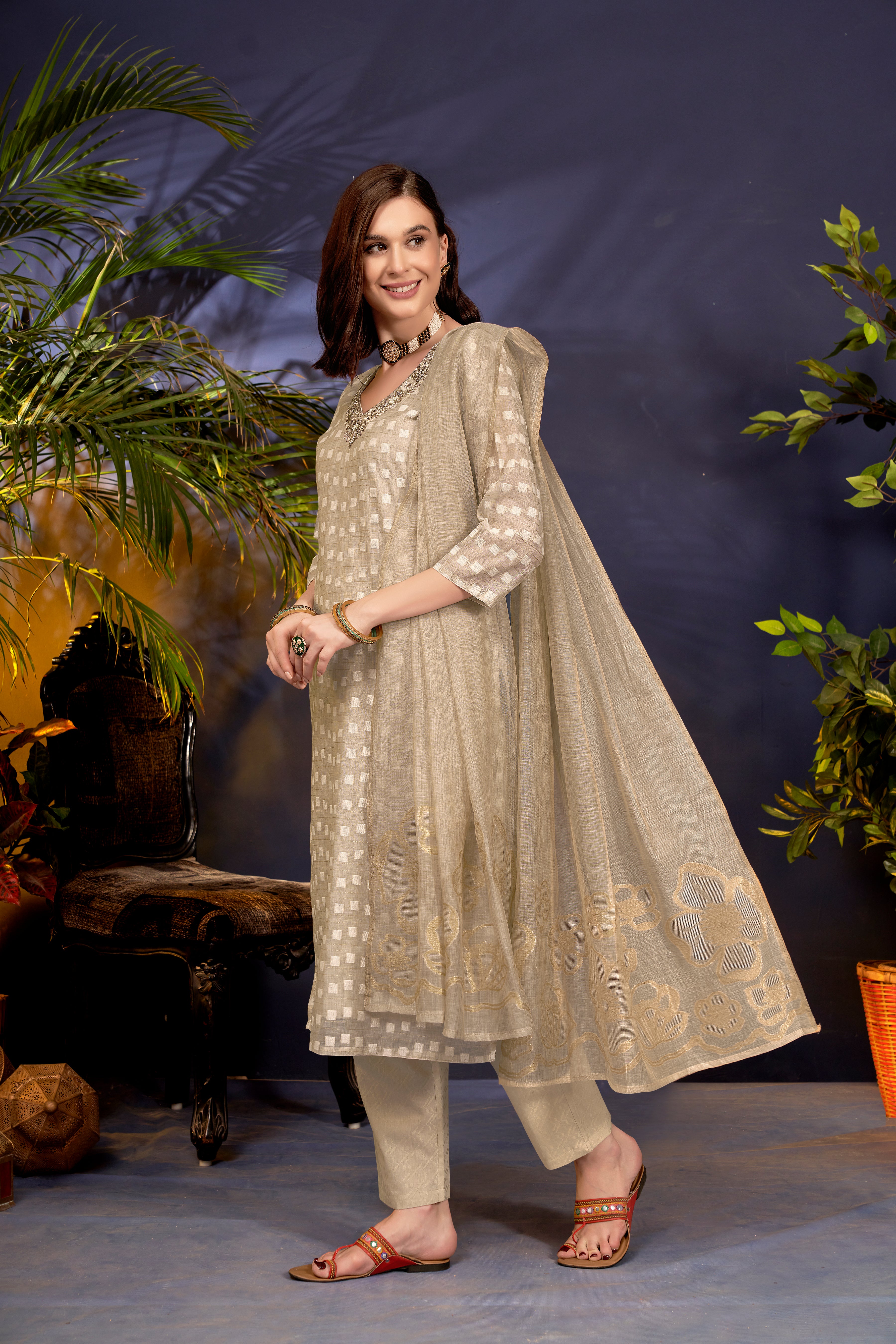 BeigeGeometricMotifsPrintedKurtaSetforWomen-TLS
