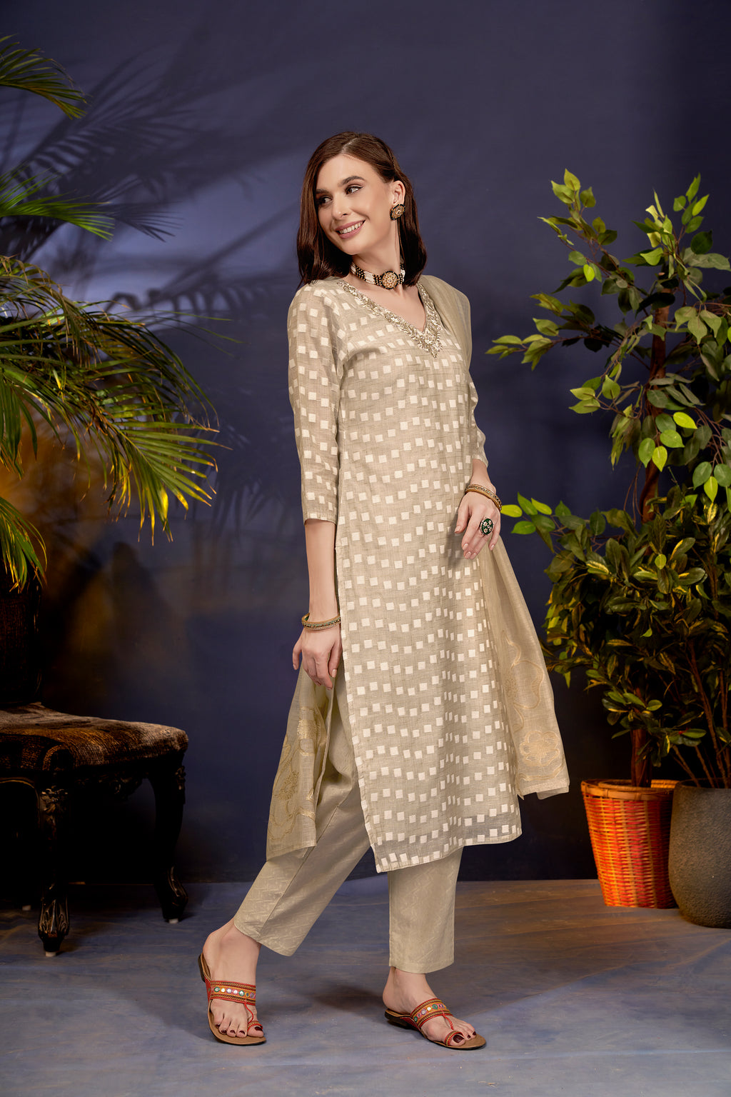 BeigeGeometricMotifsPrintedKurtaSetforWomen-TLS
