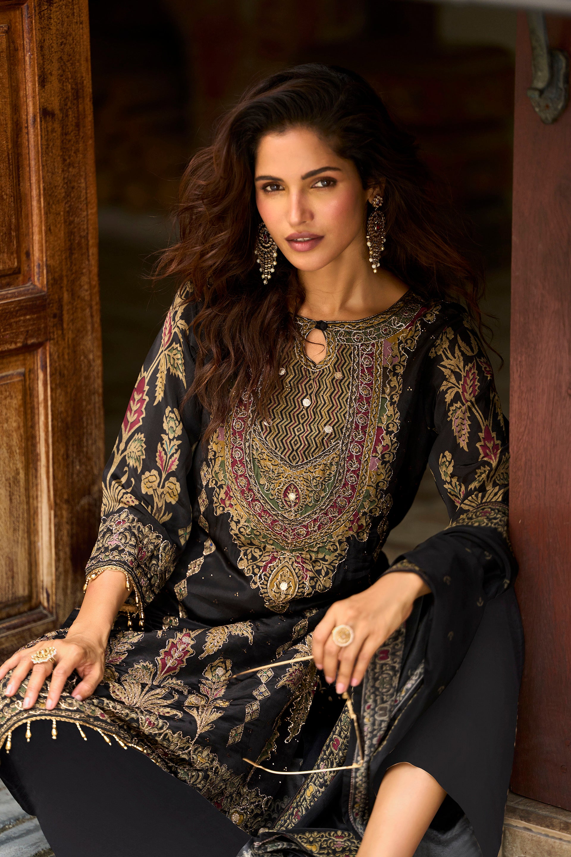 Black Black Gold Embroidered Kurta Set for Women - TLS-4