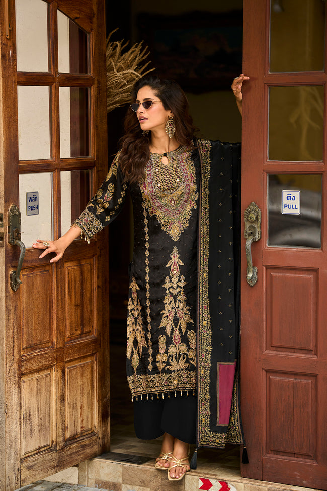 Black Black Gold Embroidered Kurta Set for Women - TLS Hover Image