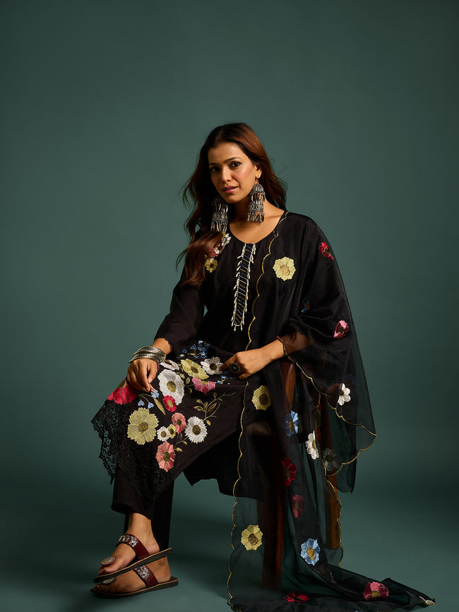 Black  Floral Patch Work Kurta Set for Women - TLS Main Image