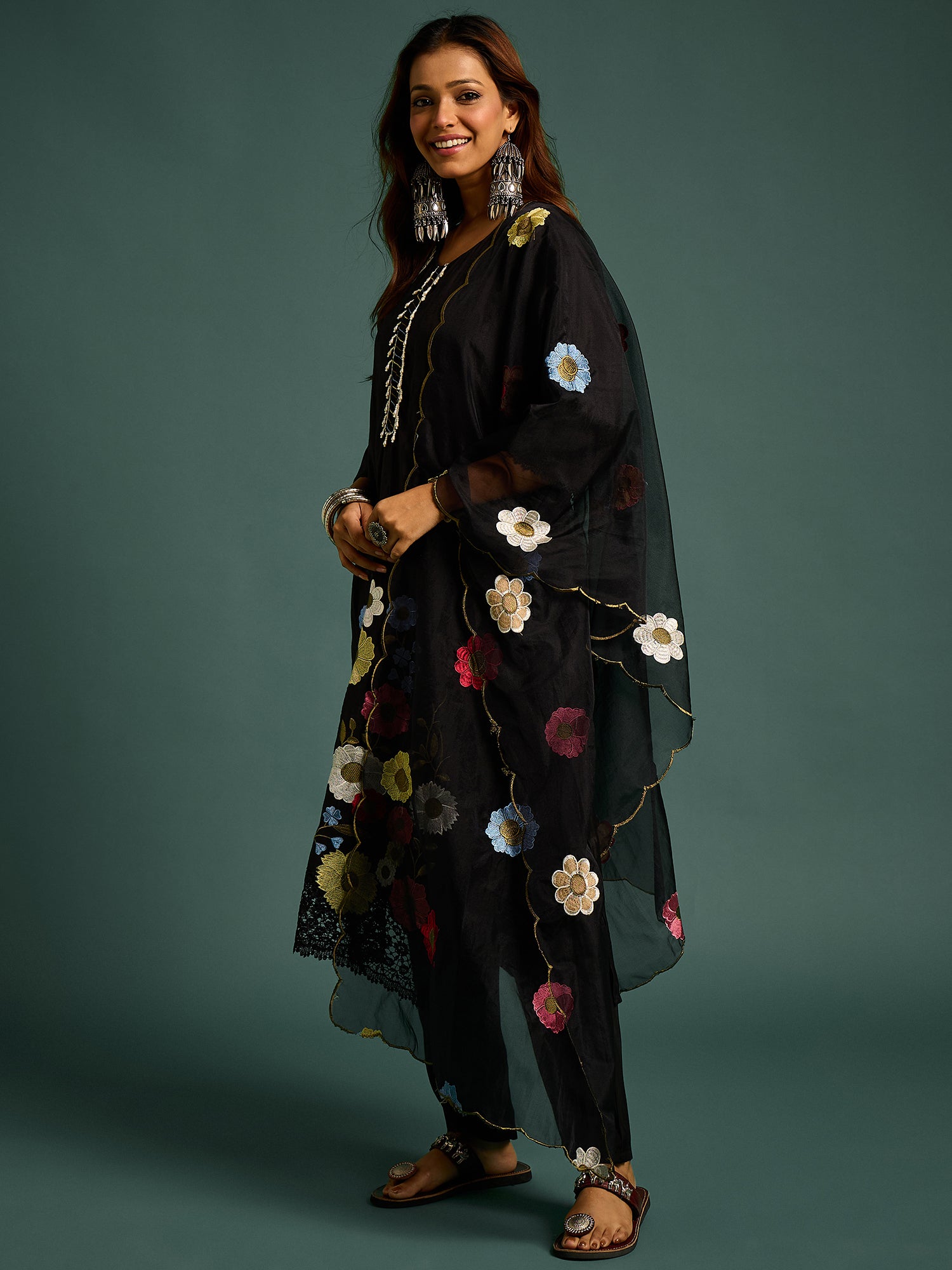 Black  Floral Patch Work Kurta Set for Women - TLS-3