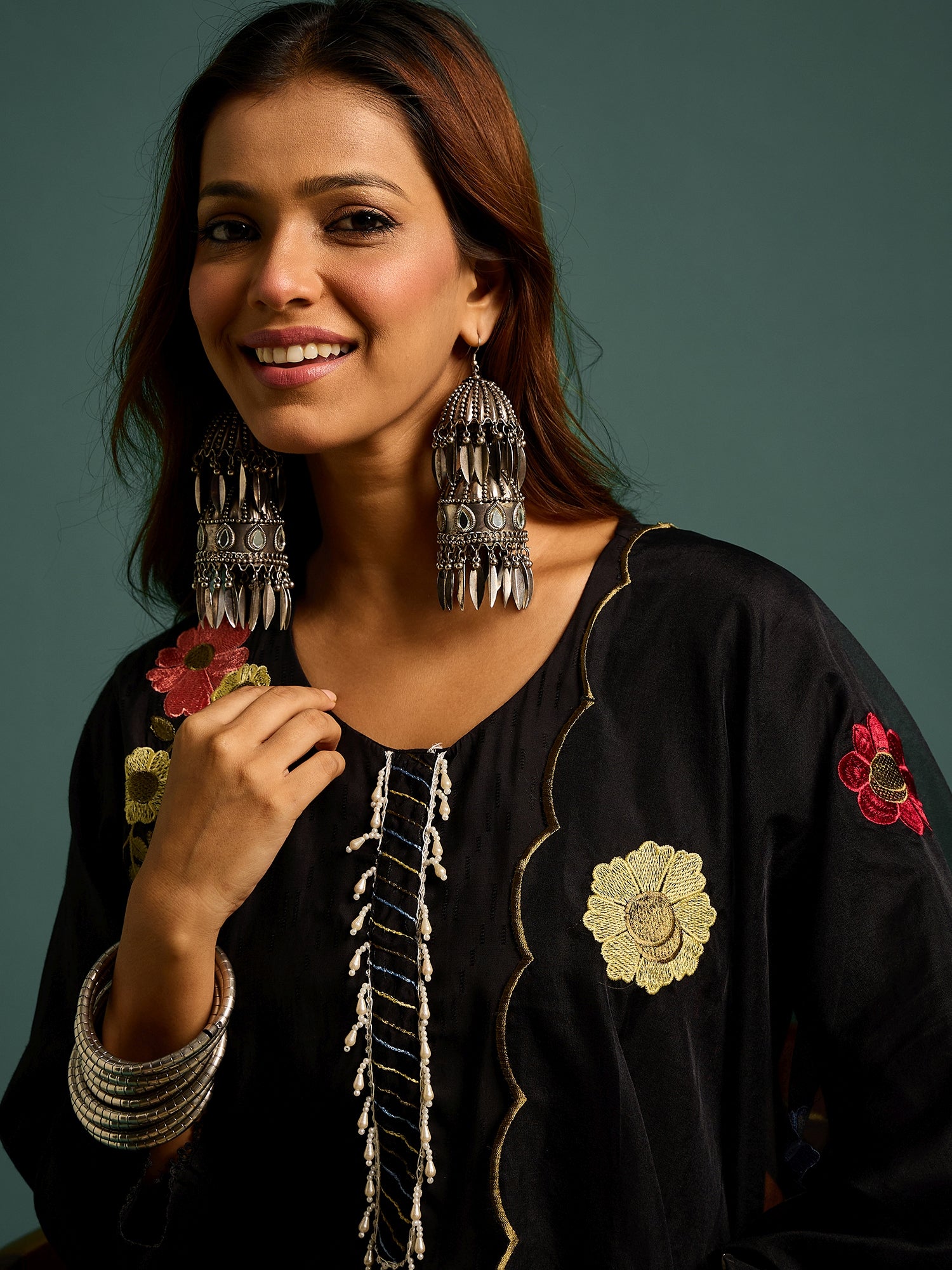 Black  Floral Patch Work Kurta Set for Women - TLS-5