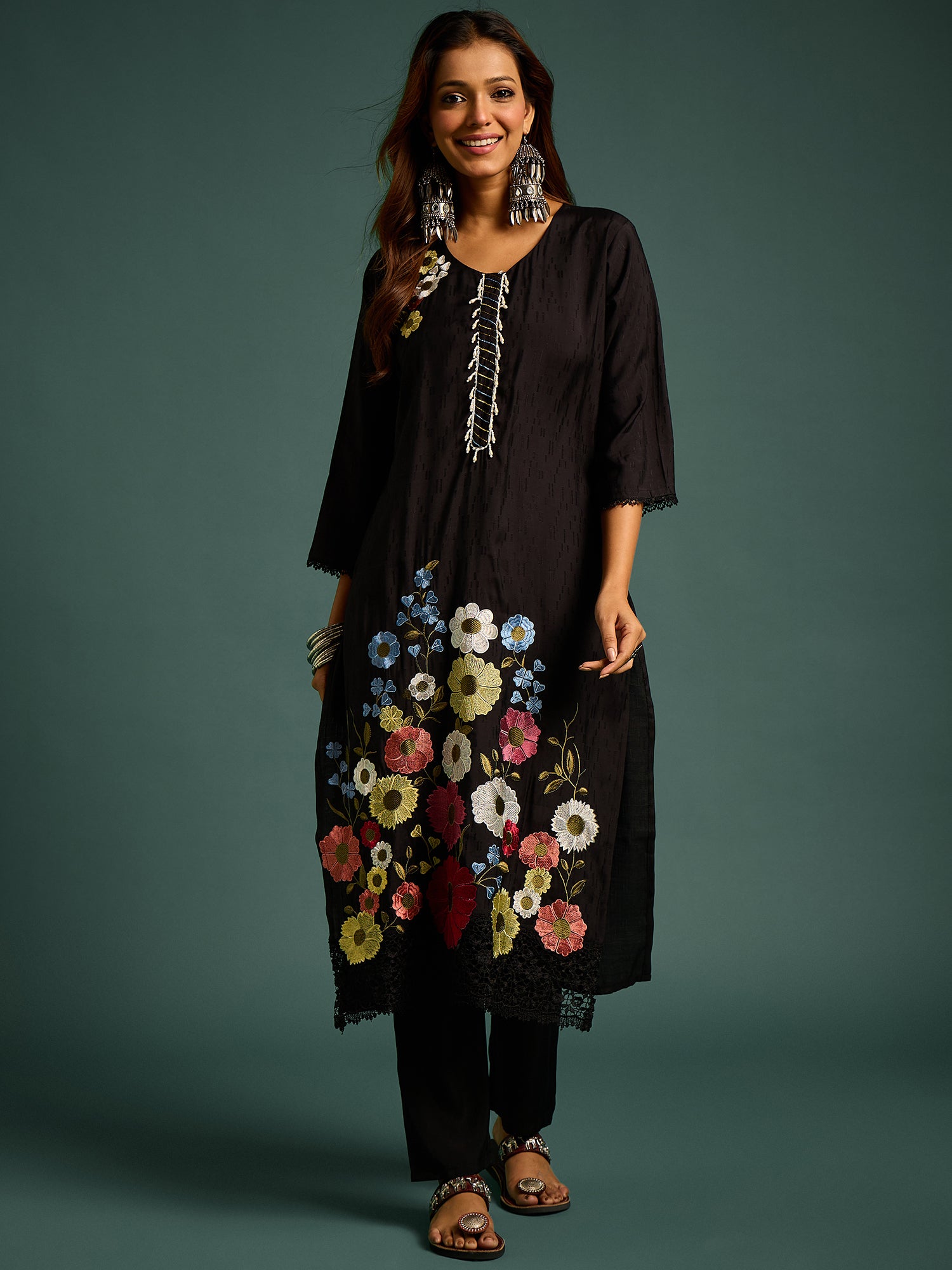 Black  Floral Patch Work Kurta Set for Women - TLS-7