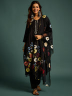 Black  Floral Patch Work Kurta Set for Women - TLS