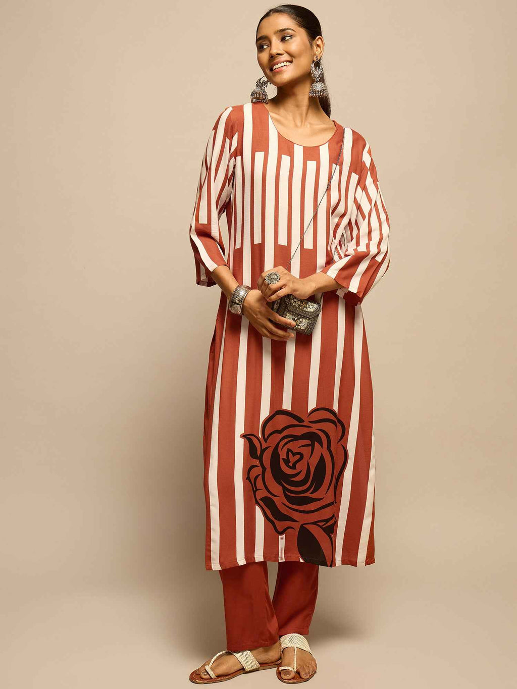 Brown Geometric Floral Printed Kurta Set for Women - TLS-4