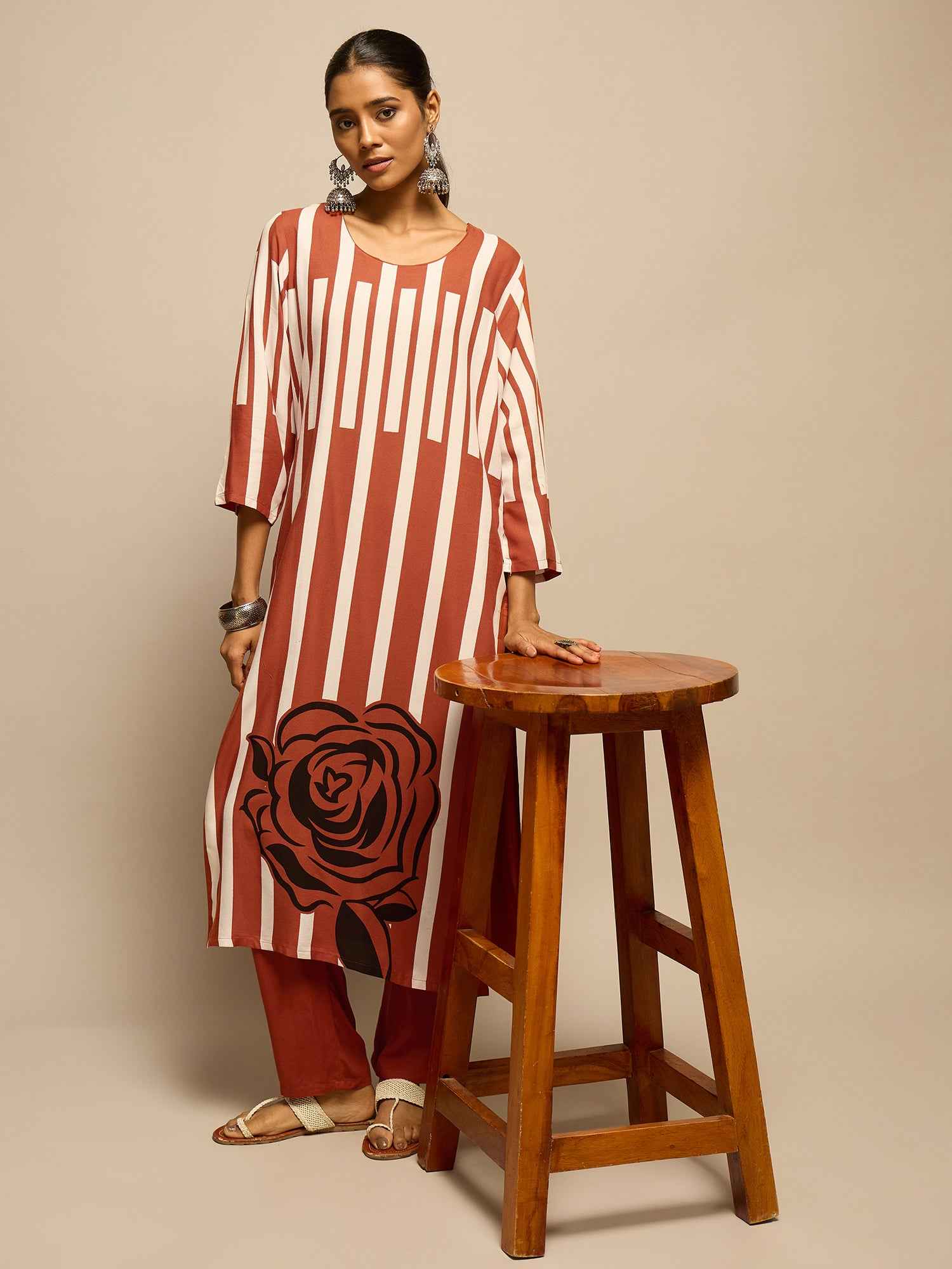 Brown Geometric Floral Printed Kurta Set for Women - TLS-5
