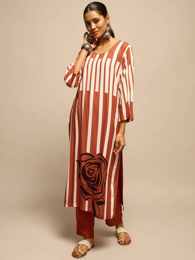 Brown Geometric Floral Printed Kurta Set for Women - TLS Hover Image