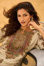 Cream Cream Gold Embroidered Kurta Set for Women - TLS-1