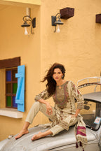 Cream Cream Gold Embroidered Kurta Set for Women - TLS-3