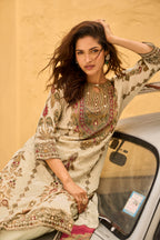 Cream Cream Gold Embroidered Kurta Set for Women - TLS-4