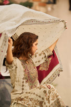 Cream Cream Gold Embroidered Kurta Set for Women - TLS-6