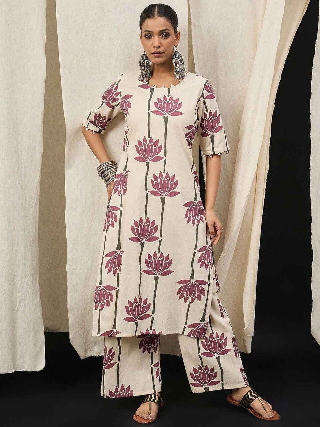 Cream Maroon Lotus Printed Kurta Set – The Layer Stories