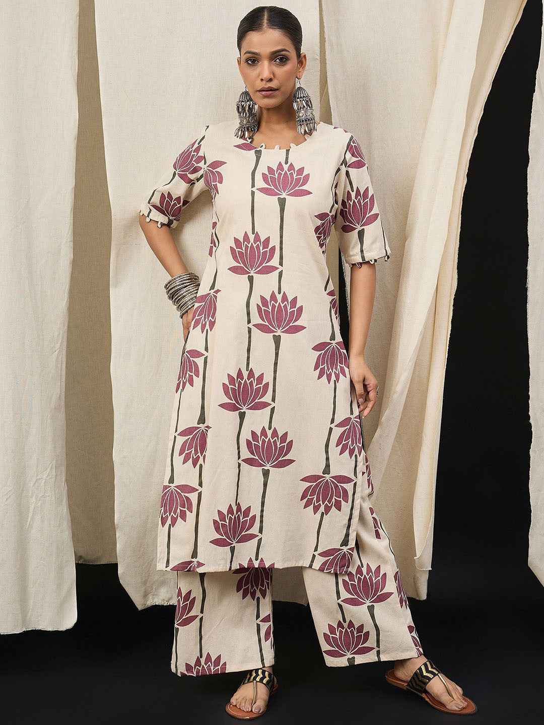 Cream Maroon Lotus Printed Kurta Set – The Layer Stories