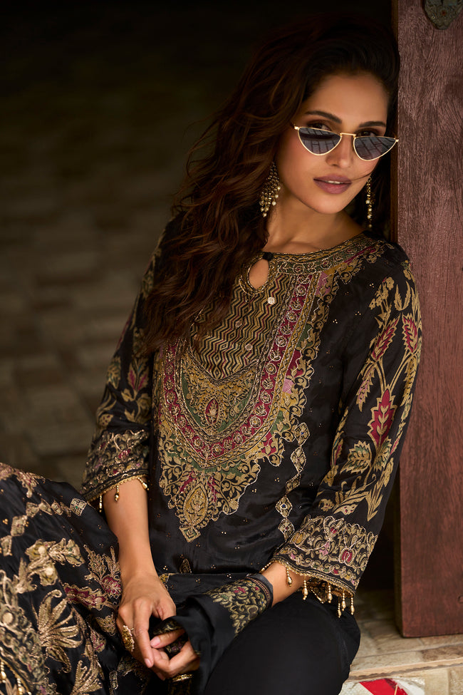 Black Gold Embroidered Festive Suit Set – The Layers Stories Hover Image