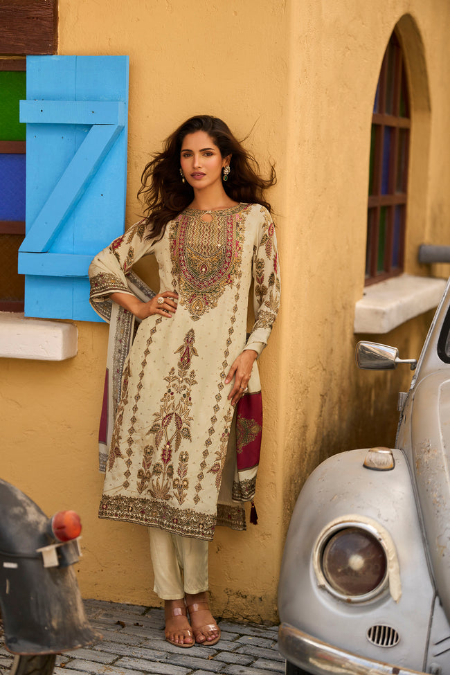 Cream Gold Embroidered Festive Suit Set – The Layers Stories Hover Image