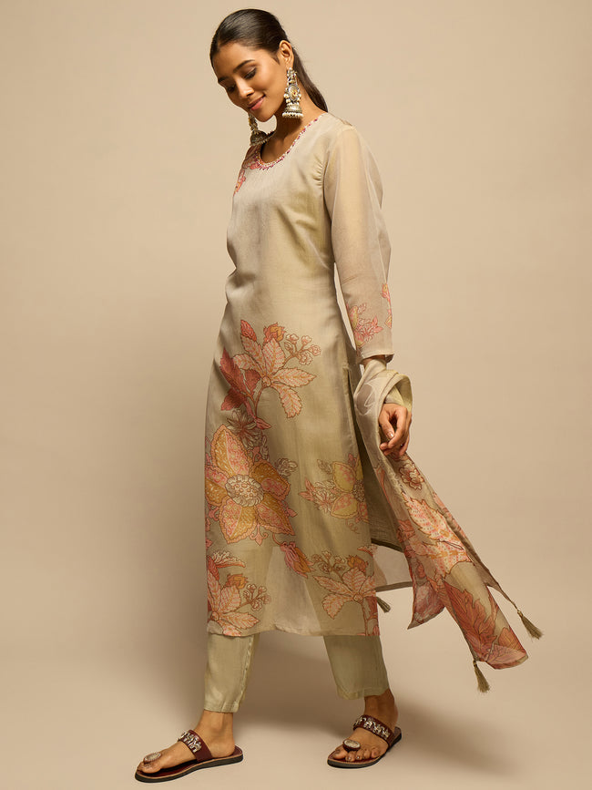 Golden Floral Printed Kurta Set for Women - TLS Main Image