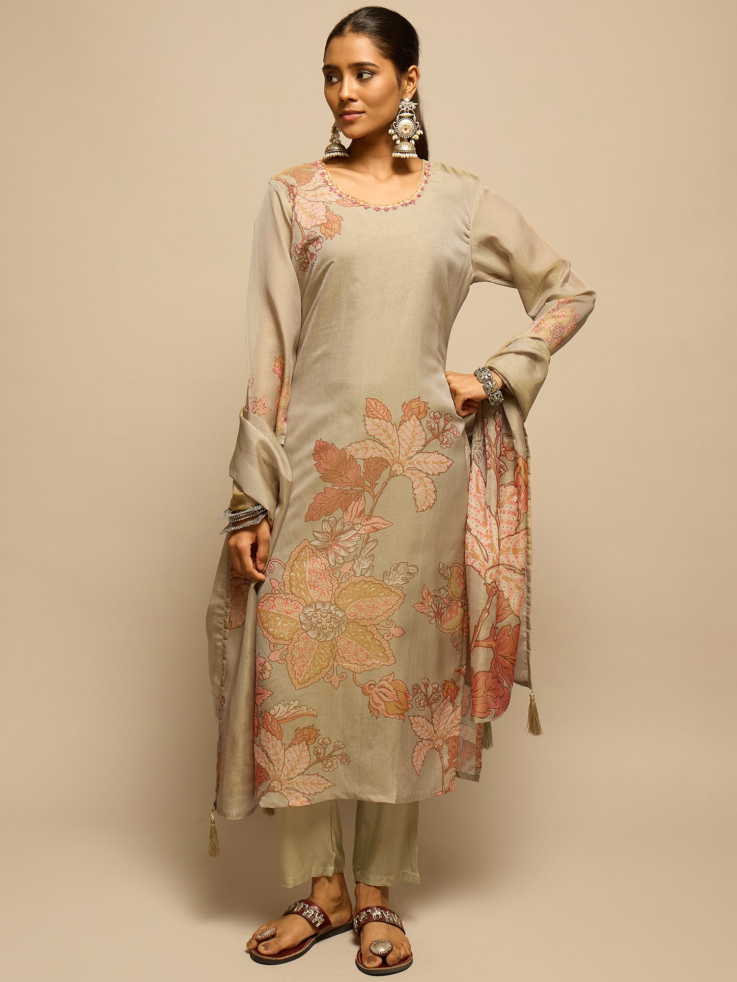 Golden Floral Printed Kurta Set for Women - TLS