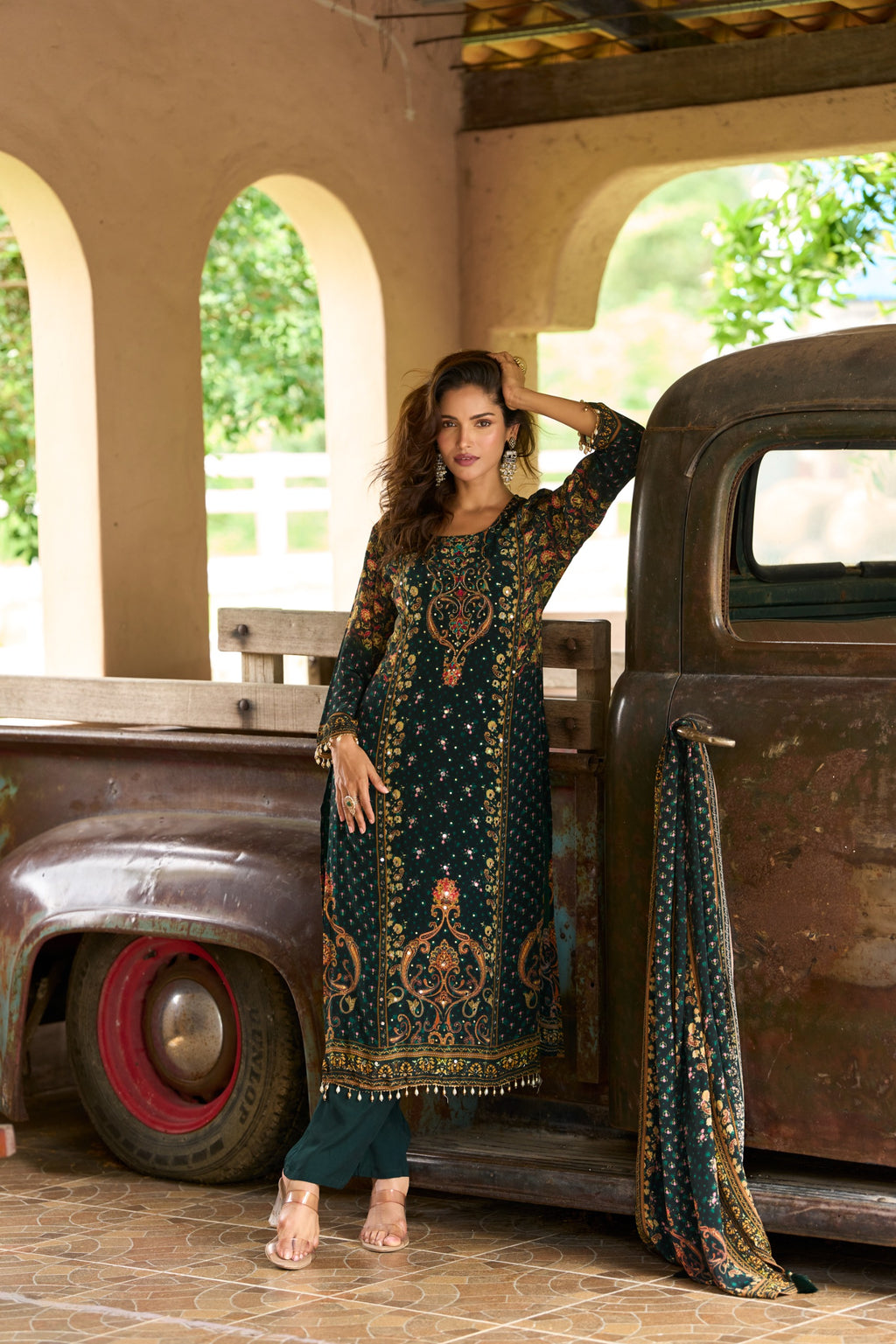 Green Emerald Gold Embroidered Kurta Set for Women - TLS-4