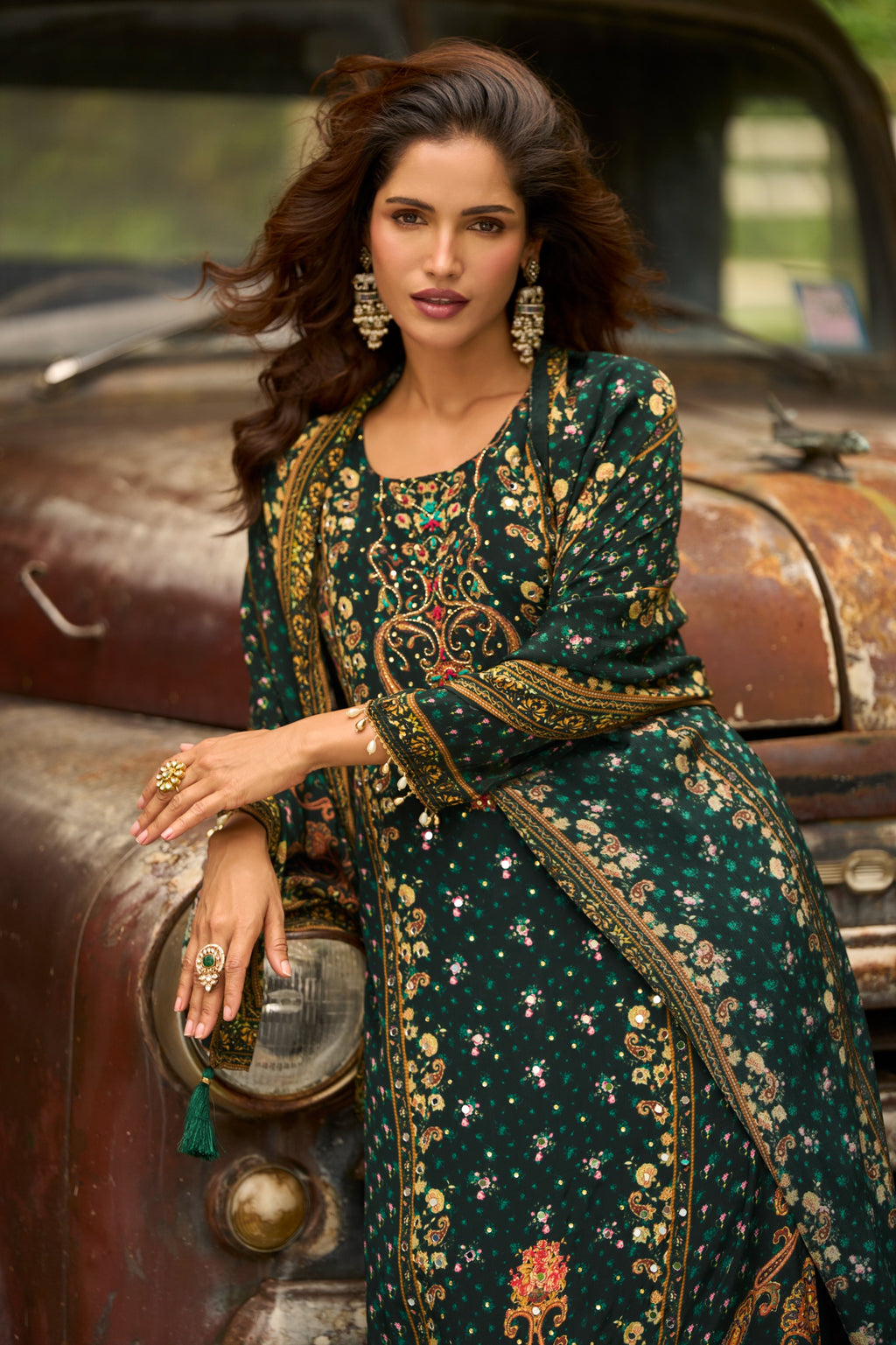 Green Emerald Gold Embroidered Kurta Set for Women - TLS-5
