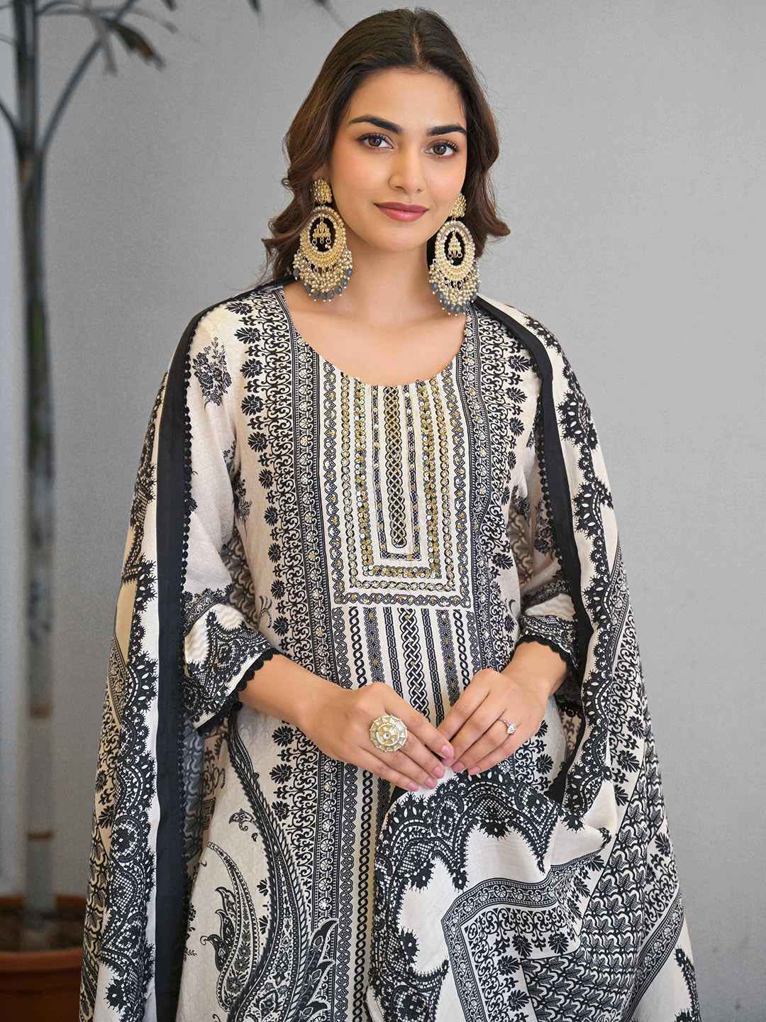 Beige Black Embroidered Suit Set with Dupatta – The Layer Stories