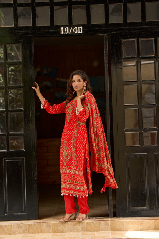 Crimson Gold Embroidered Festive Suit Set – The Layers Stories Hover Image