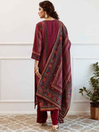 Maroon Printed Woolen Kurta Set with Dupatta – The Layer Stories
