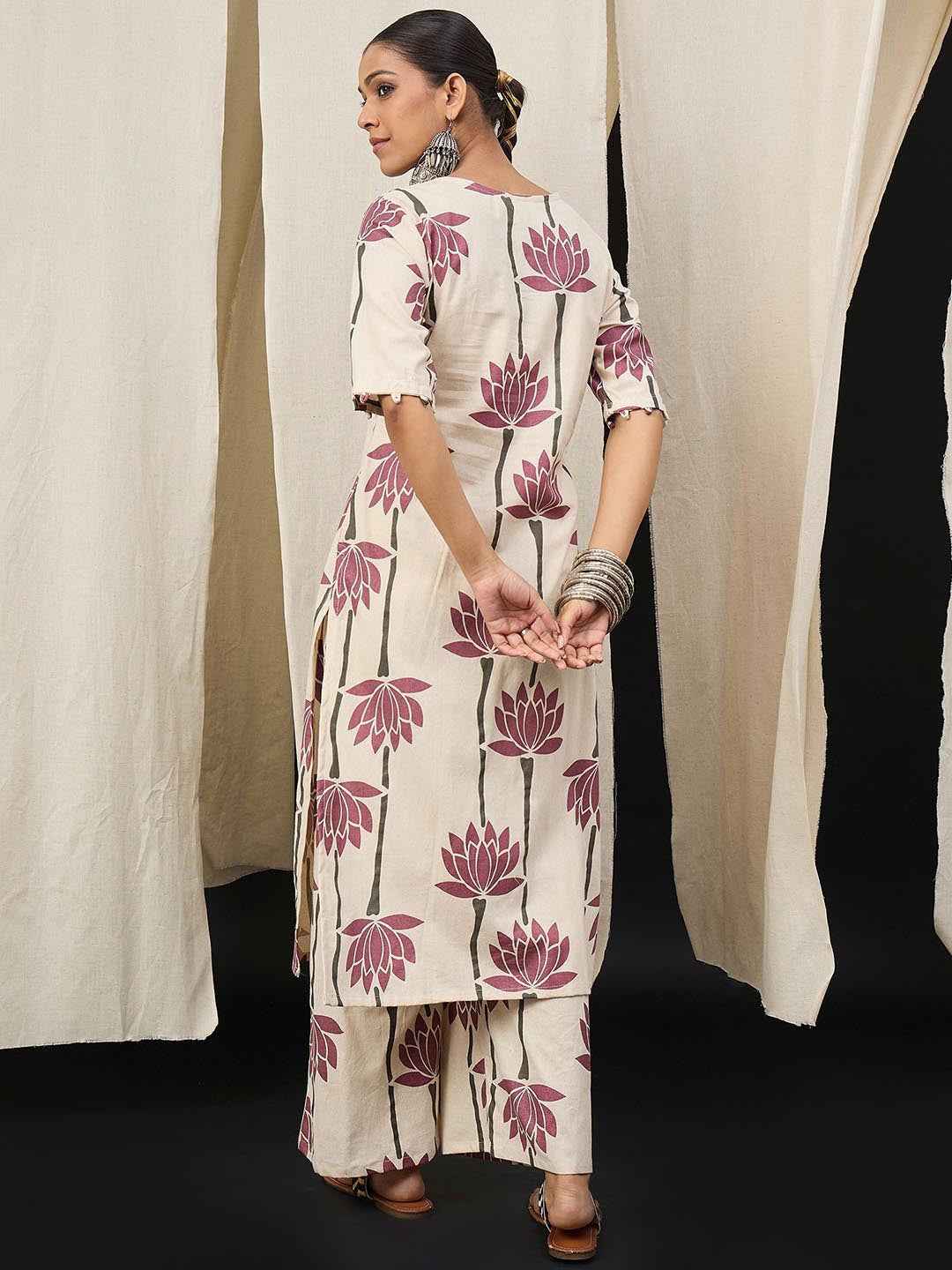 Cream Maroon Lotus Printed Kurta Set – The Layer Stories