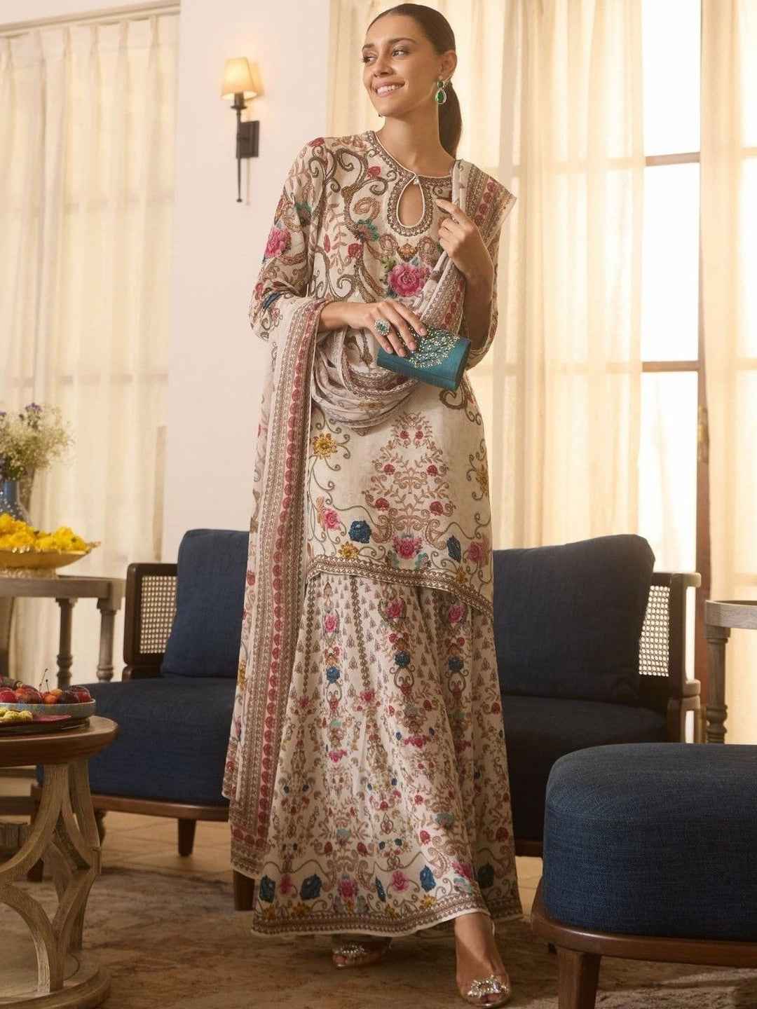 Ivory Floral Embroidered Festive Kurta Sharara Set – The Layer Stories