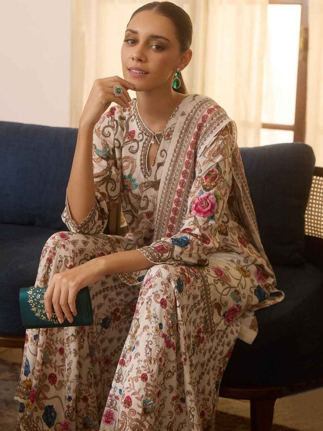 Off White Floral Embroidery Kurta Set for Women - TLS Hover Image