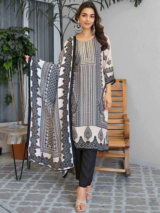 Beige Black Embroidered Suit Set with Dupatta – The Layer Stories Hover Image