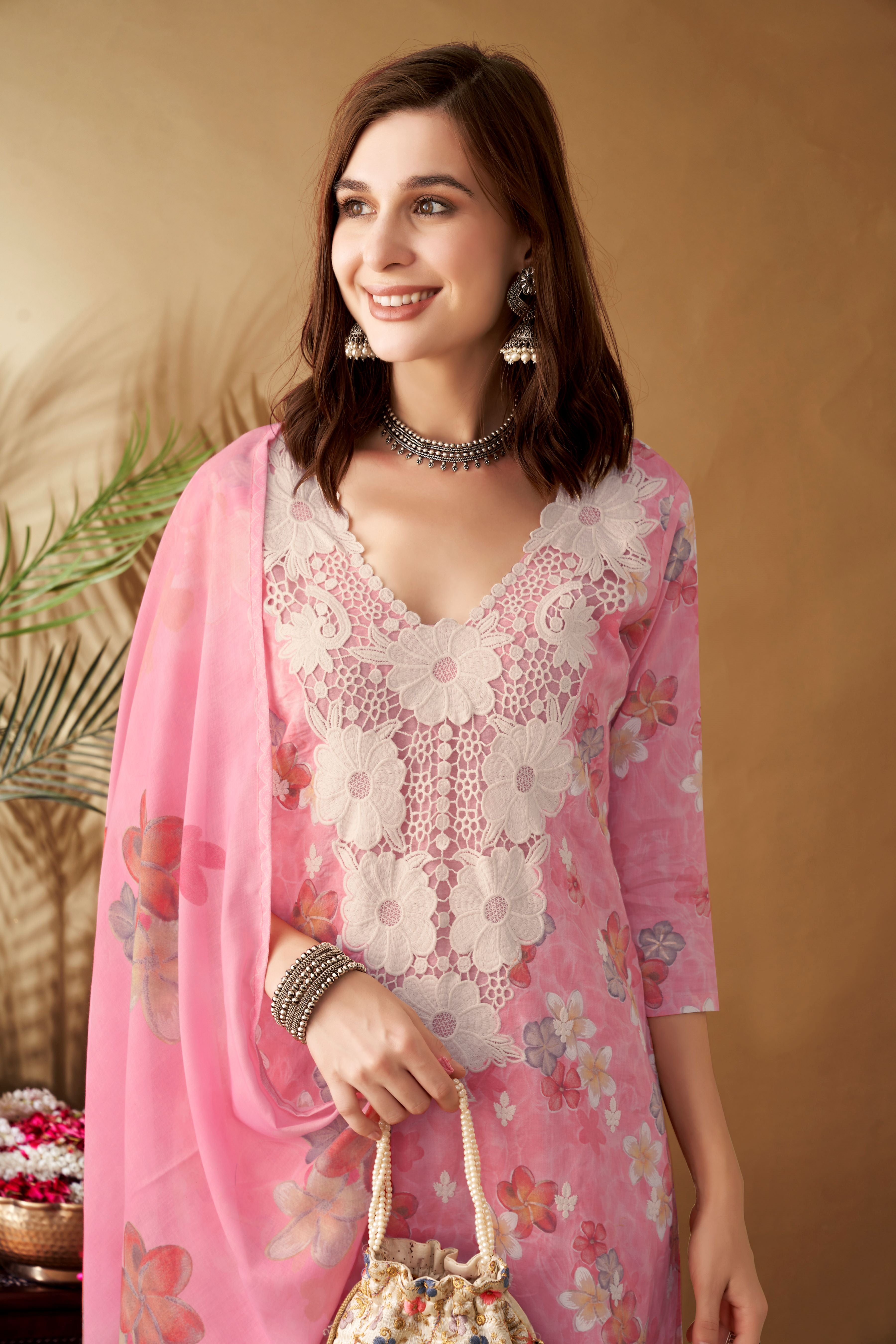 PinkFloralPatchWorkKurtaSetforWomen-TLS 
