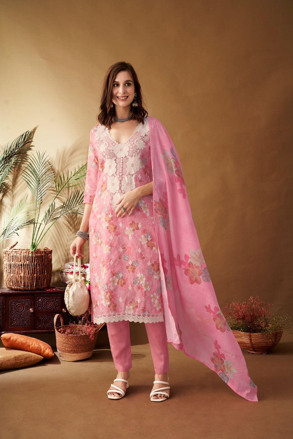 PinkFloralPatchWorkKurtaSetforWomen-TLS 
