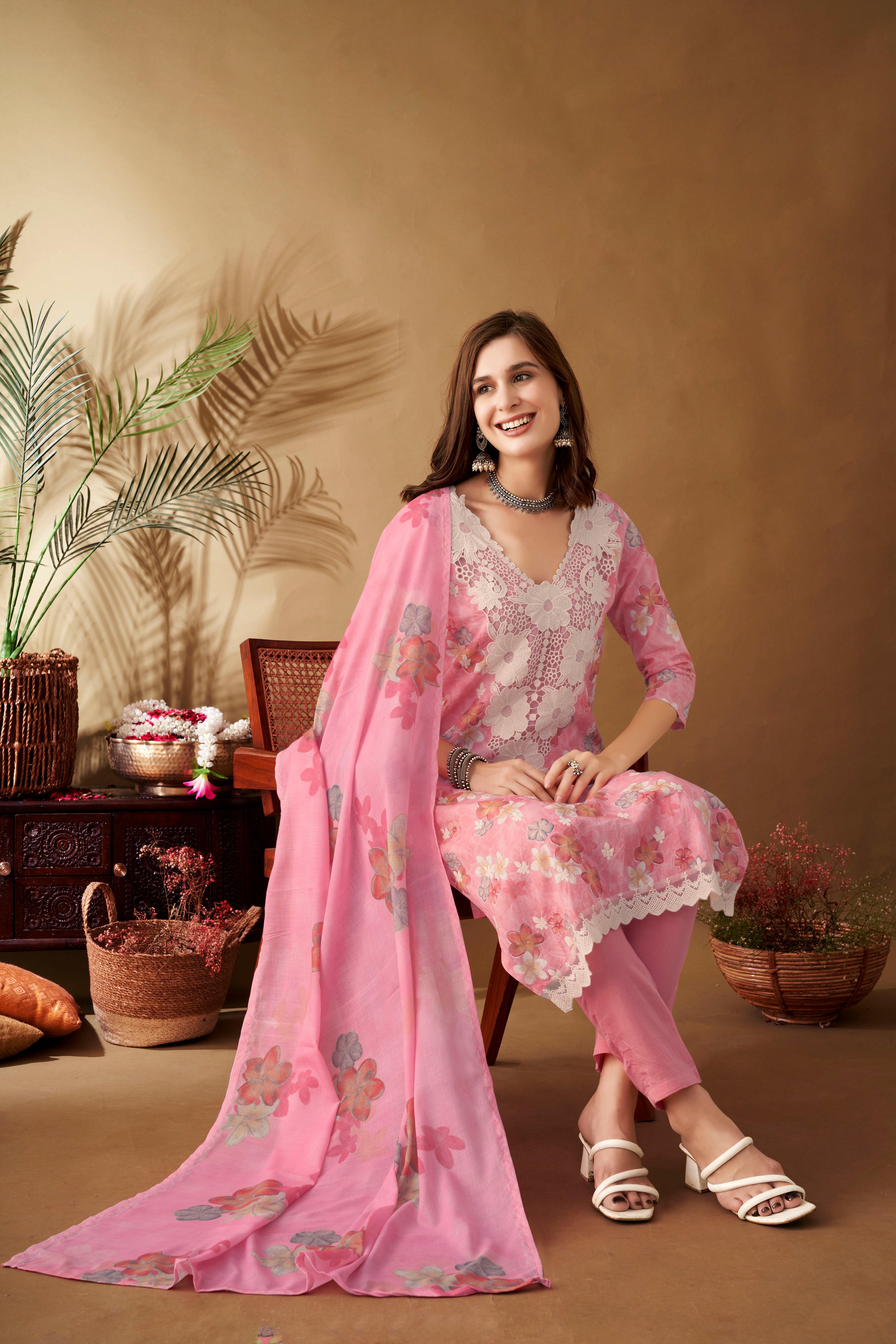 PinkFloralPatchWorkKurtaSetforWomen-TLS 