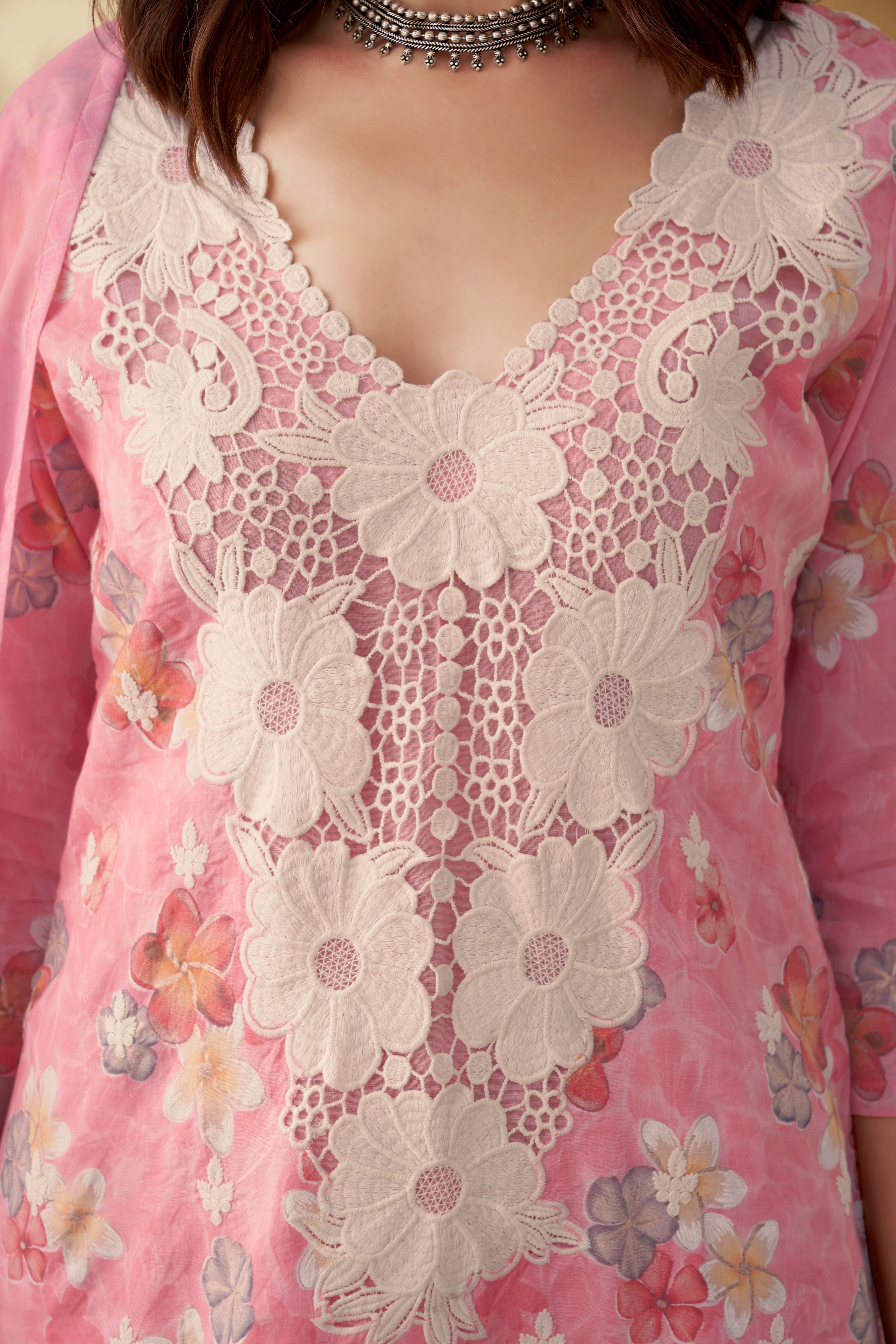 PinkFloralPatchWorkKurtaSetforWomen-TLS 
