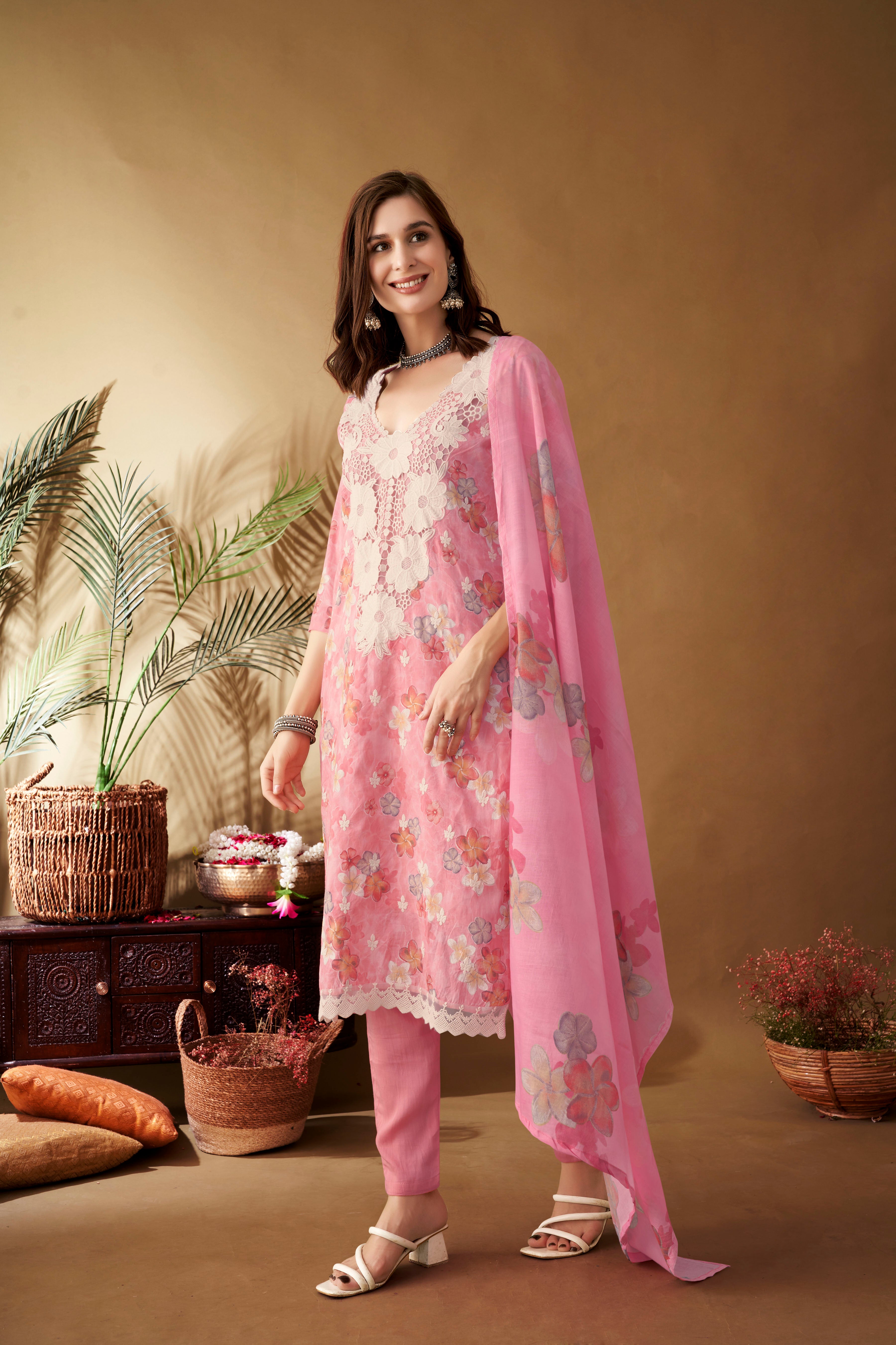 PinkFloralPatchWorkKurtaSetforWomen-TLS 