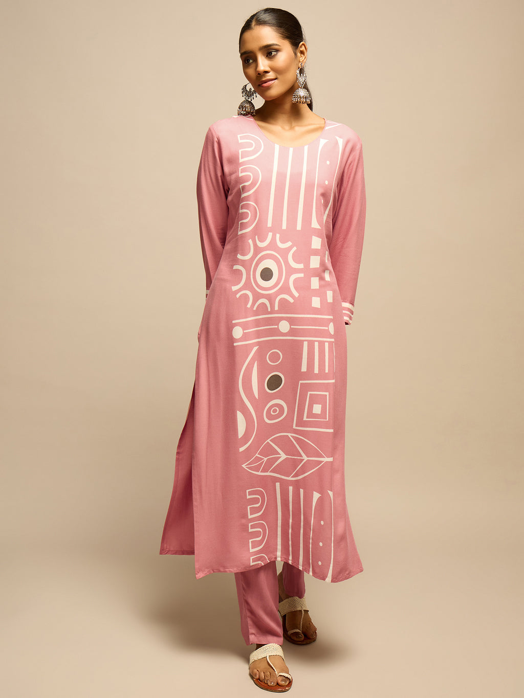 Pink Geometric Printed Kurta Set for Women - TLS-1