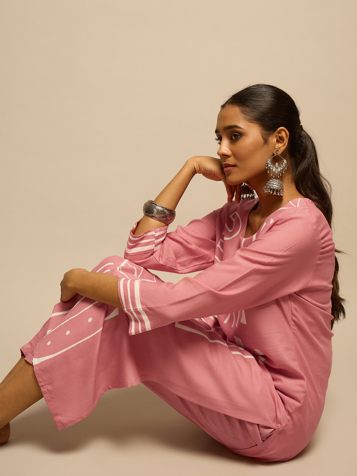 Pink Geometric Printed Kurta Set for Women - TLS-2