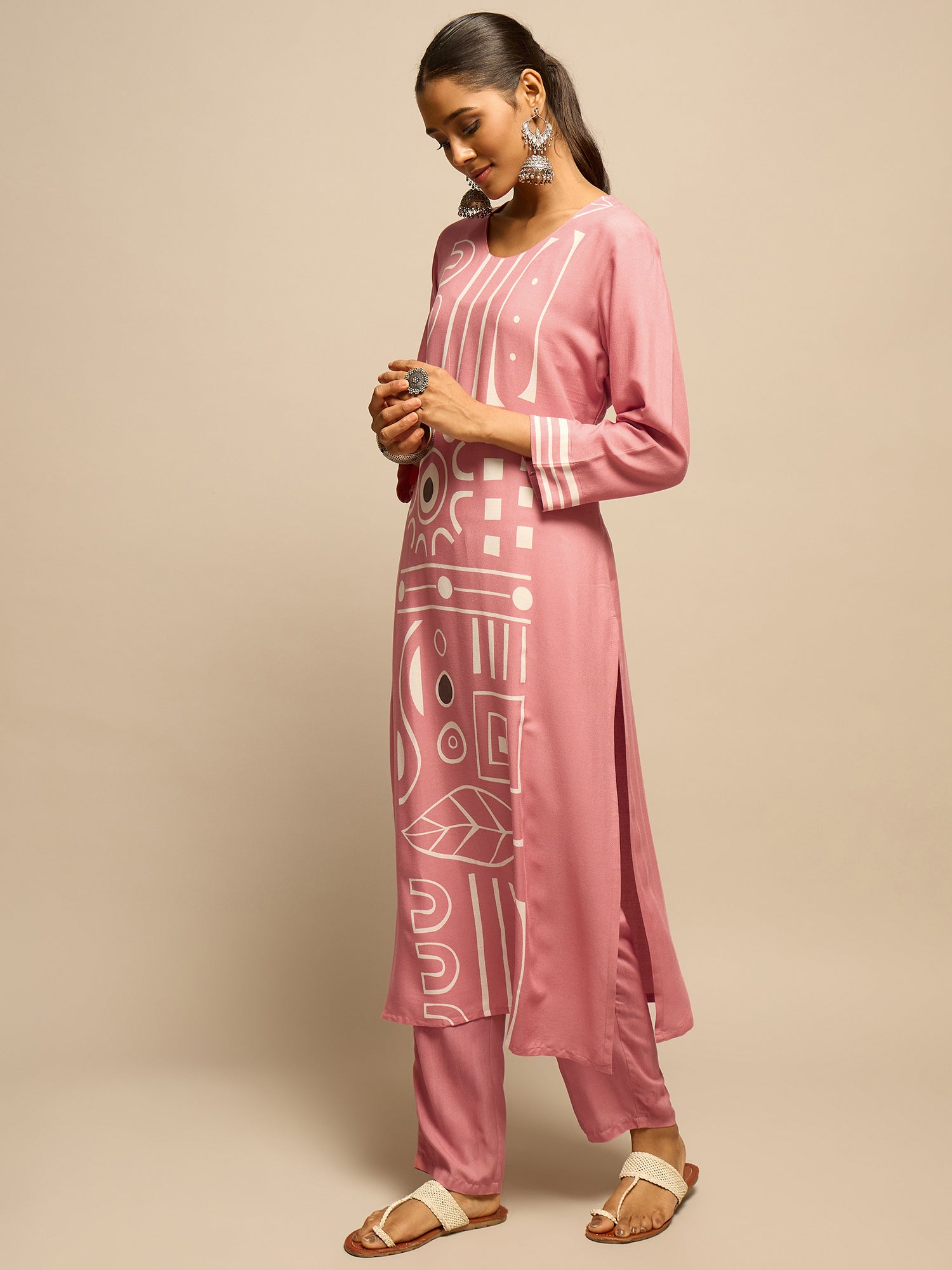 Pink Geometric Printed Kurta Set for Women - TLS-5